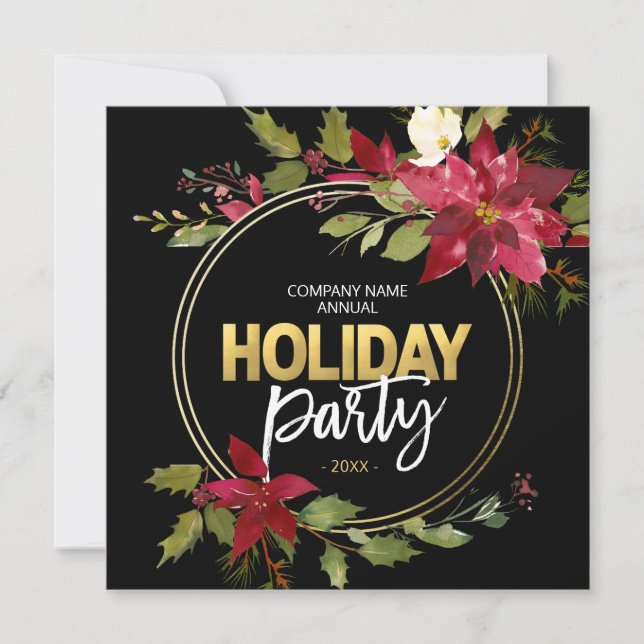 Elegant CORPORATE Red Black Gold Poinsettia PARTY Holiday Card (Front)