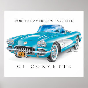 Elegant Corvette C1 Ilustration Cascade Color Poster