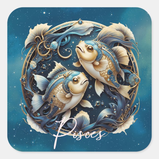 Elegant Cosmic Fish Zodiac Sign Black Gold Pisces Square Sticker (Front)