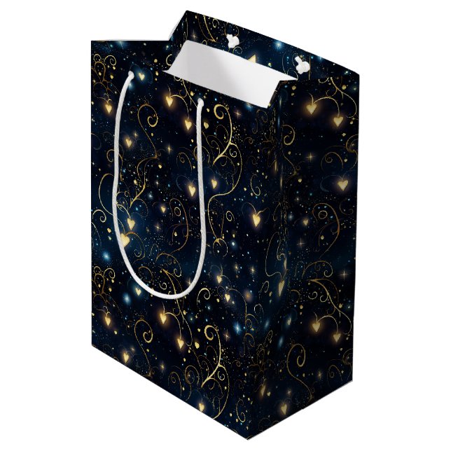 Elegant Cosmic Glowing Hearts in Blue and Gold Medium Gift Bag (Back Angled)
