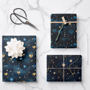 Elegant Cosmic Hearts in Blue and Gold Wrapping Paper Sheet