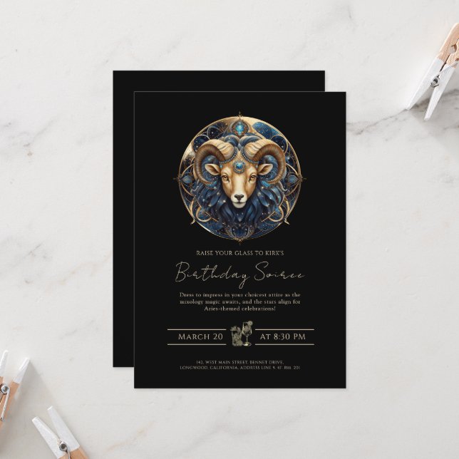Elegant Cosmic Ram Zodiac Symbol Black Gold Aries Invitation (Front/Back In Situ)