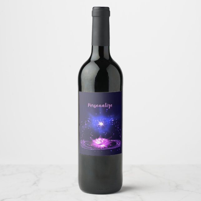 Elegant Cosmic Zen Purple Crystal Lotus Flower Wine Label (Front)