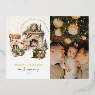 Elegant Cosy photo Gold Foil Holiday Postcard