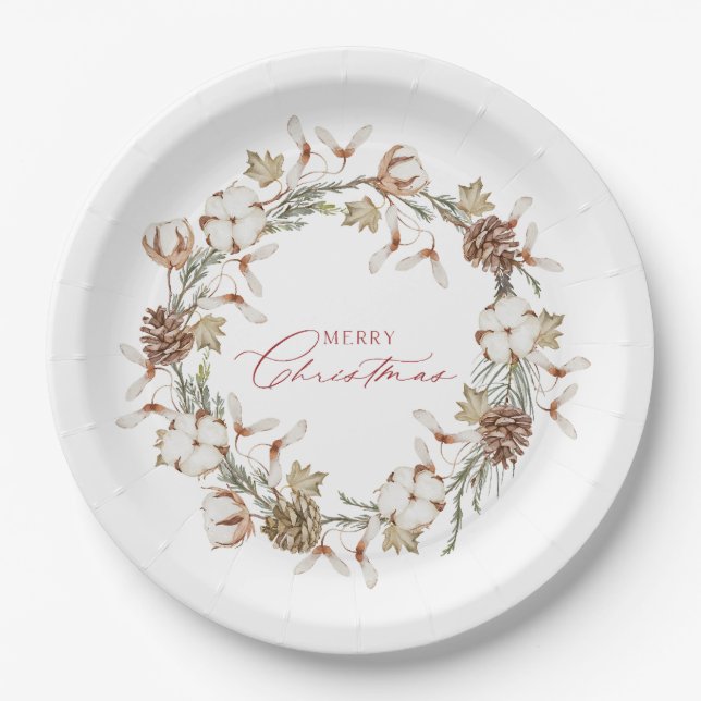 Elegant Cotton and Pinecone Christmas Wreath Paper Plate (Front)