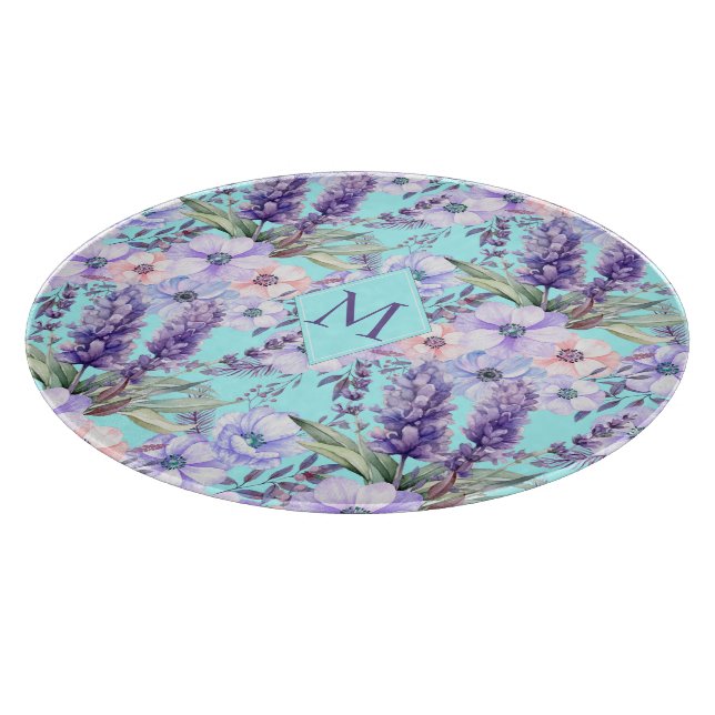 Elegant Country Lavender Floral Turquoise Monogram Cutting Board (Corner)