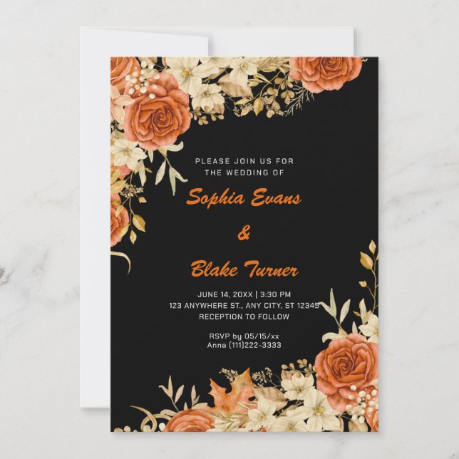 Elegant Country Orange Roses Black Wedding Invitation (Front)
