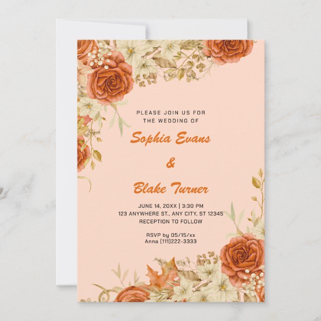 Elegant Country Orange Roses Orange Cream Wedding Invitation (Front)