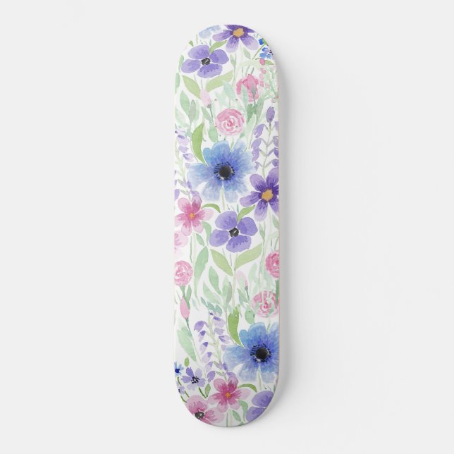 Elegant Country Pink Purple Blue Watercolor Flower Skateboard (Front)