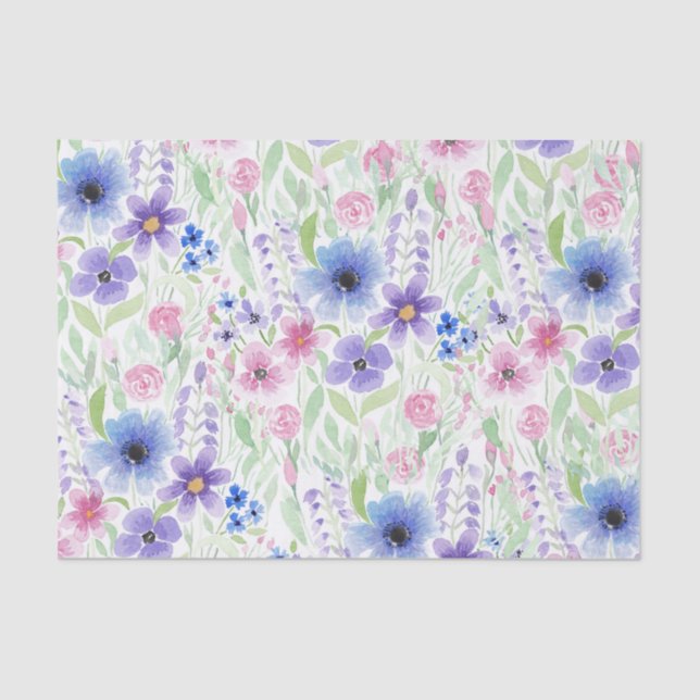 Elegant Country Pink Purple Blue Watercolor Flower Tissue Paper (Front)