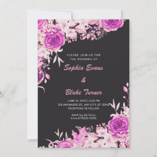 Elegant Country Pink Roses Grey Wedding Invitation