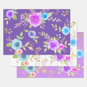 Elegant country purple blue floral watercolor chic wrapping paper sheet