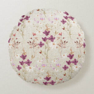 Elegant Country Rustic Floral Burlap Round Cushion