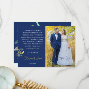 Elegant Couple Custom Wedding Photo Navy & Gold Thank You Card
