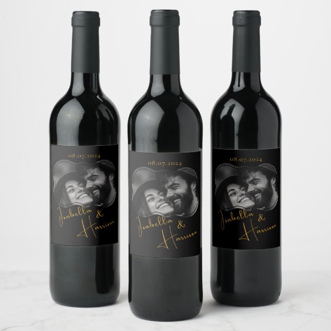 Elegant Couple Love Custom Photo Black and Gold Wine Label (Bottles)