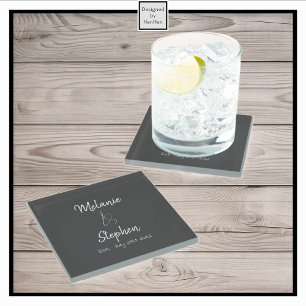 Elegant Couple Names Date Script Typography Grey Glass Coaster