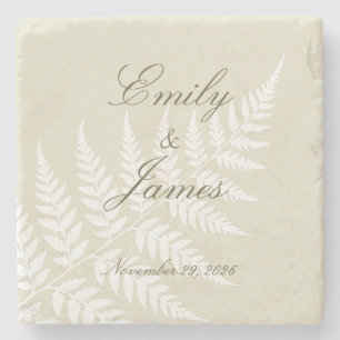 Elegant Couple Names Light Green White Fern Stone Coaster