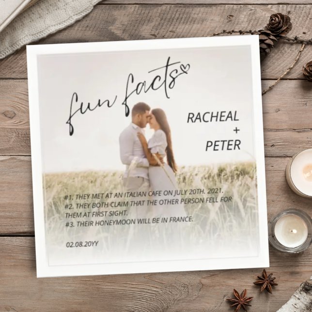 Elegant Couple Photo Modern Fun Facts Wedding Napkin (Creator Uploaded)
