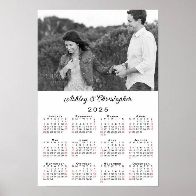 Elegant Couple Photo Names 2025 Calendar Poster (Front)