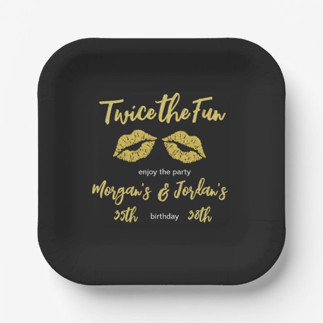 Elegant Couples Black Gold Kisses Joint Birthday Paper Plate (Front)