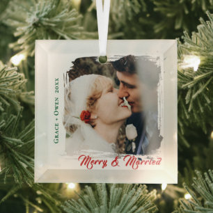 Elegant Couples First Christmas Merry and Married Glass Tree Decoration