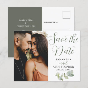 Elegant Couples Photo Eucalyputs Save the Date Announcement Postcard