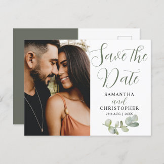 Elegant Couples Photo Eucalyputs Save the Date Announcement Postcard