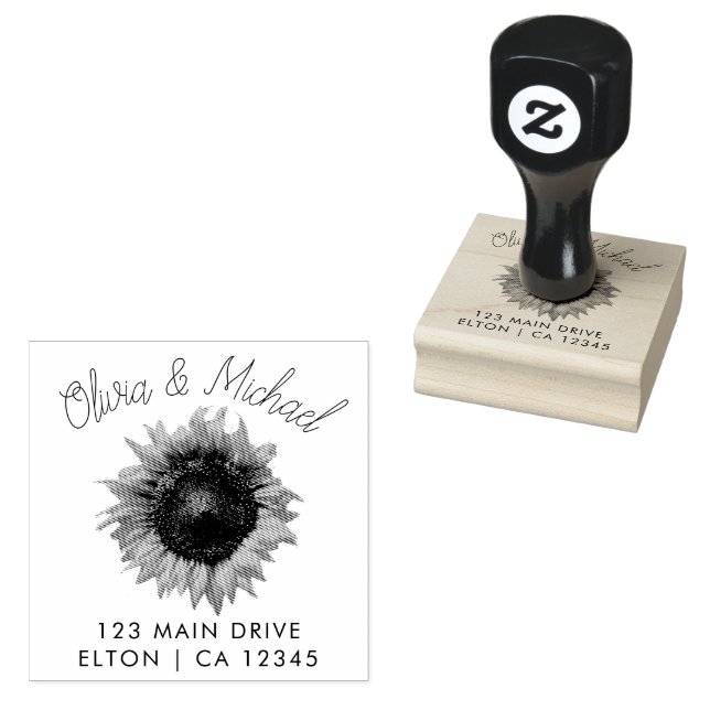 Elegant Couples Script Wedding Address Sunflower  Rubber Stamp (Stamped)