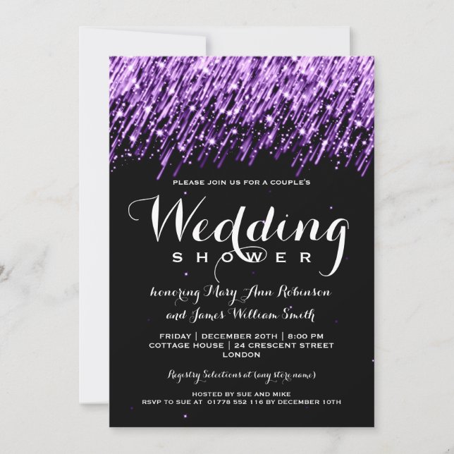 Elegant Couples Shower Falling Stars Purple Invitation (Front)