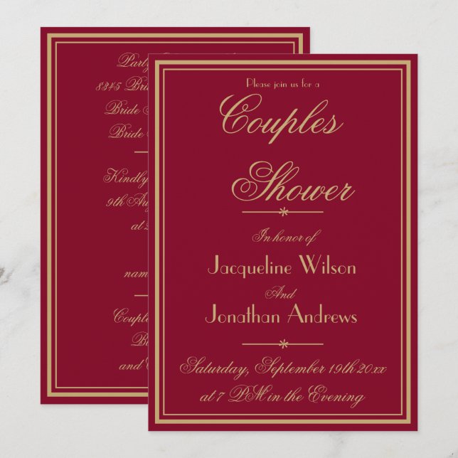 Elegant Couples Shower Name Email RSVP Burgundy Invitation (Front/Back)