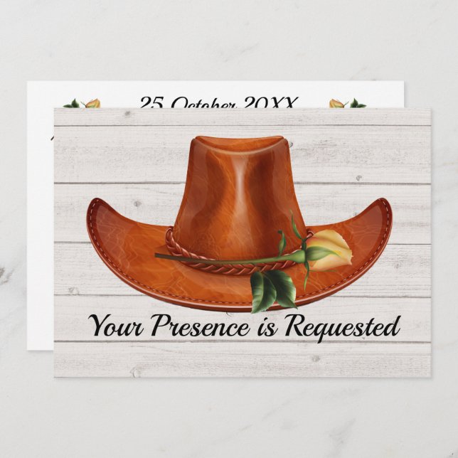 Elegant Cowboy Hat Yellow Rose Wedding Invitation (Front/Back)
