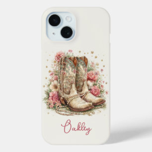 Elegant Cowgirl Boots with Flowers Monogrammed iPhone 15 Case