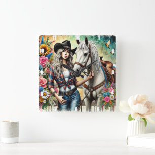 Elegant Cowgirl Posing With Beautiful White Horse Square Wall Clock