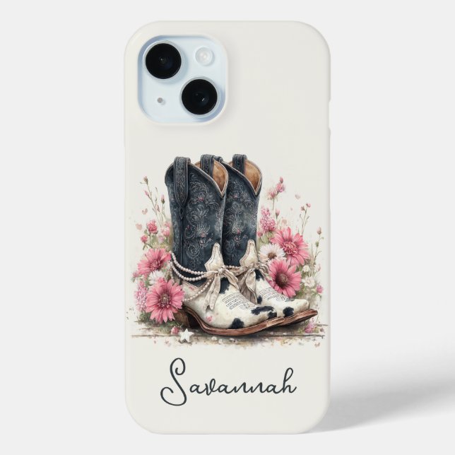 Elegant Cowhide Boots with Flowers Monogrammed Case-Mate iPhone Case (Back)