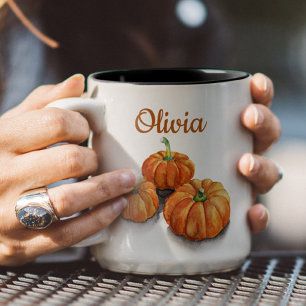 Elegant cozy mug with pumpkins and custom name