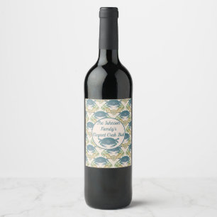 Elegant Crab Feast-Watercolor Blue Crabs, Seashell Wine Label