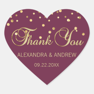 Elegant CRANBERRY Gold Wedding Heart Thank You Heart Sticker