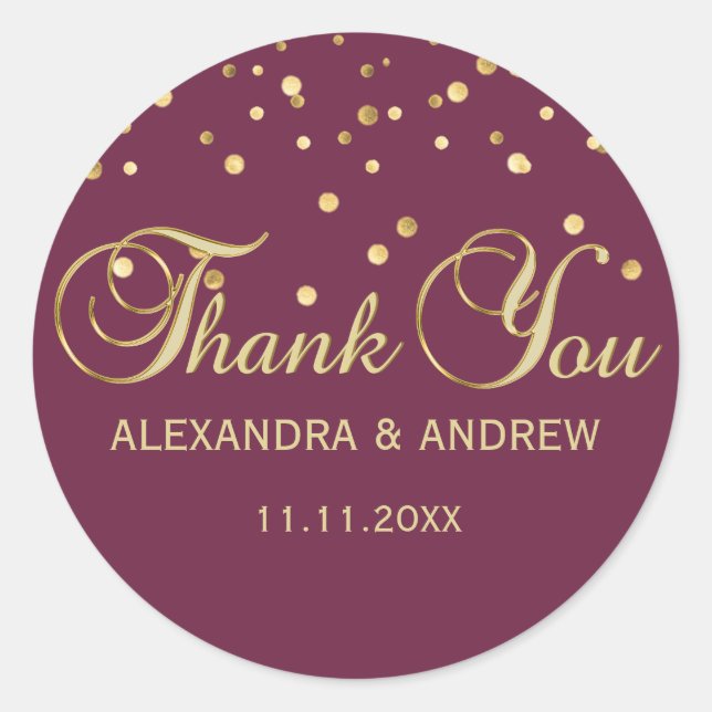 Elegant CRANBERRY Gold Wedding Thank You Classic Round Sticker (Front)