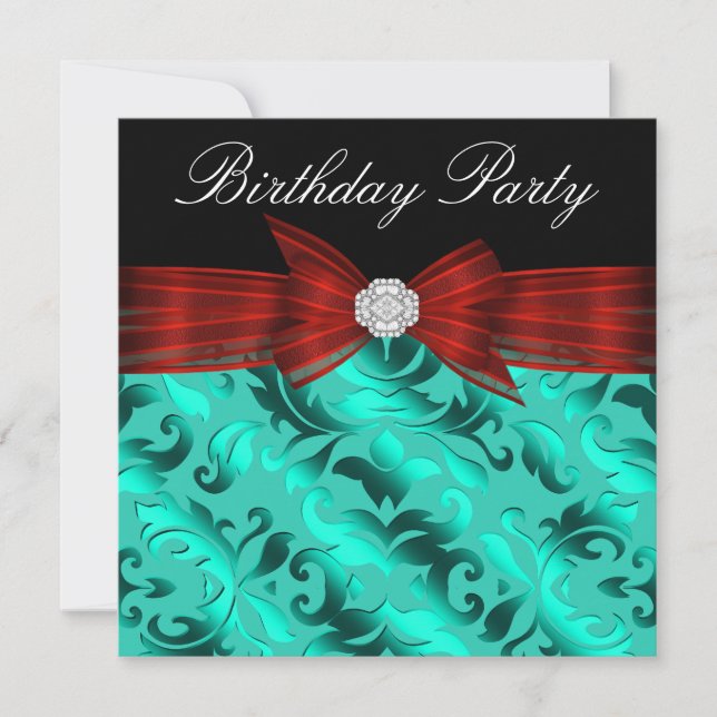 Elegant Cranberry Red Teal Blue Birthday Party Invitation (Front)