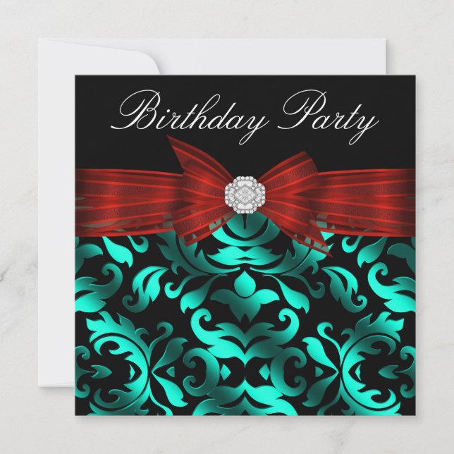 Elegant Cranberry Red Teal Blue Birthday Party Invitation (Front)
