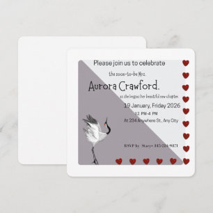 Elegant Crane and Red Hearts Modern Square Bridal  Invitation