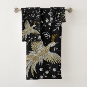 Elegant Crane Birds Seamless Pattern Black Bath Towel Set