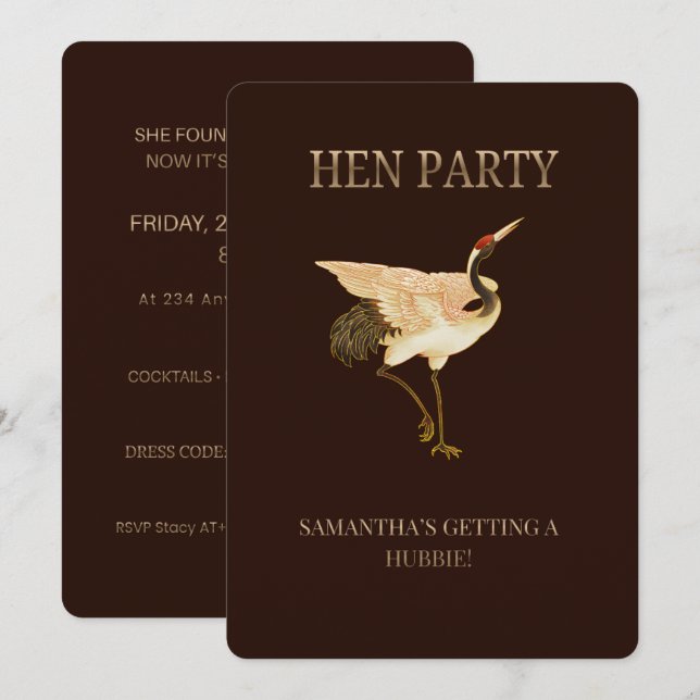 Elegant Crane Hen Party Invitation, Custom Bride t Invitation (Front/Back)