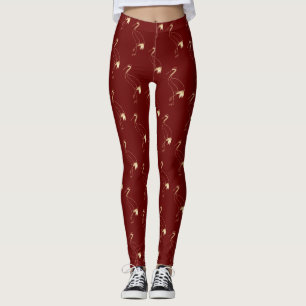 Elegant Crane Maroon Gold Japanese Line Art  Leggings