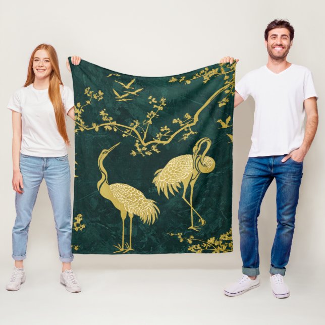 Elegant Cranes Art Pattern | Colourful Crane Birds Fleece Blanket (In Situ)