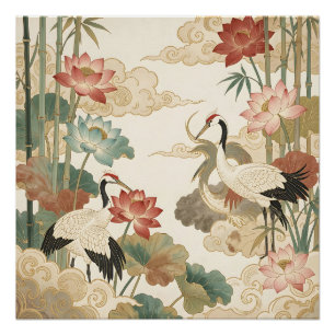Elegant Cranes Lotus Bamboo Oriental Scene Poster