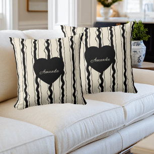 Elegant Cream and Black Stripes Heart Custom Name Cushion