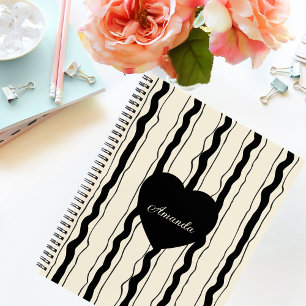 Elegant Cream and Black Stripes Heart Custom Name Notebook