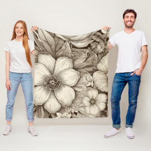 Elegant Cream and Brown Floral with Depth Fleece Blanket