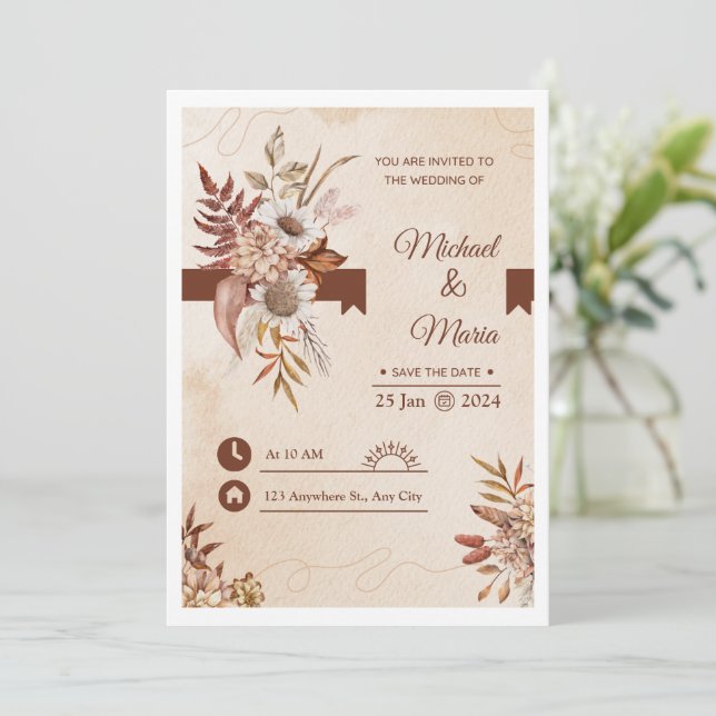 Elegant cream and brown watercolor wedding invitat invitation (Standing Front)